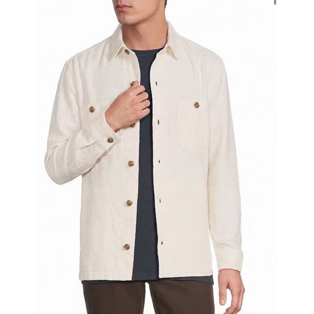 ROWM Long Sleeve Solid Textured Woven Shirt Men's Large Buttons Pockets Cream